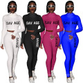 C7205 2020 Women Tops Jogger Tracksuit Outfits Fall Embroidery High Neck 2 Piece Set Crop Hoodies Women Clothing